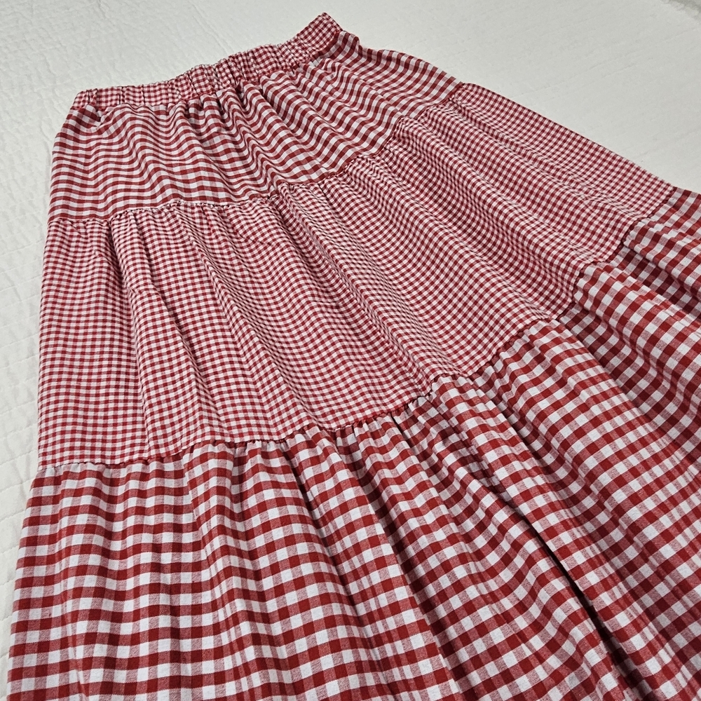 Women's Gingham Tiered Layer Skirt Flowy Elastic High Waist Skirt - Picture 5 of 6